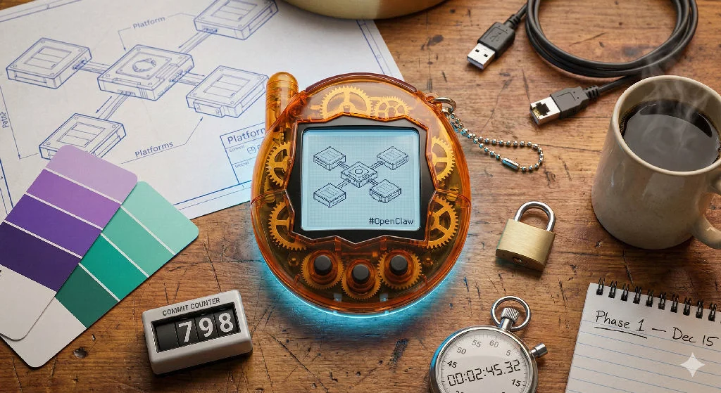 Flat lay of a translucent retro device showing a platform architecture diagram, surrounded by a commit counter showing 798, colour swatches, a padlock, stopwatch, coffee cup, USB cables, and a notebook reading Phase 1 Dec 15